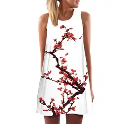 Винтаж Boho для женщин летние без рукавов пляжные с цветочным принтом, короткий Мини платье китайский стиль шифон тонкий длиной выше колена