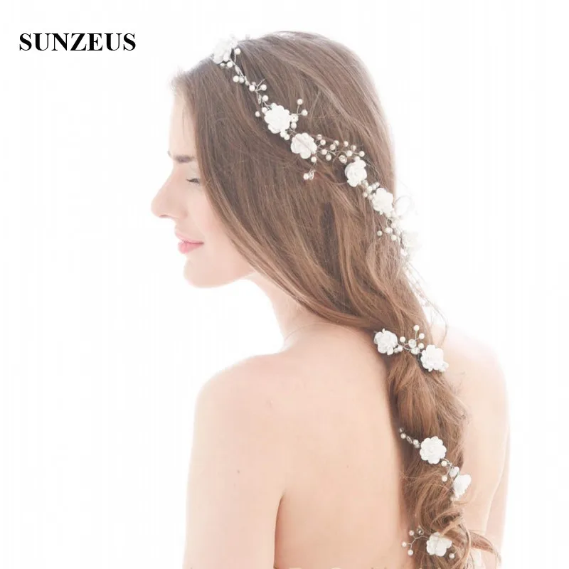 font b Beautiful b font Hand made Flowers Pearls Bridal Hair Chain 90 CM Long