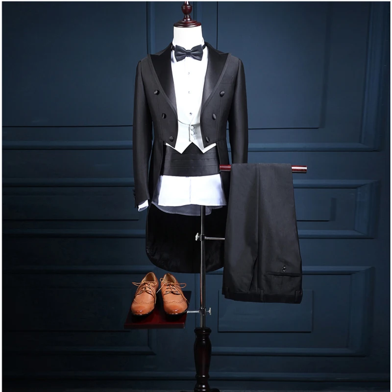 NA31 свадебный смокинг блейзер мужской свадебное платье одежда для выпускного вечера смокинги(куртка+ брюки+ жилет) черный длинный стиль мужские костюмы