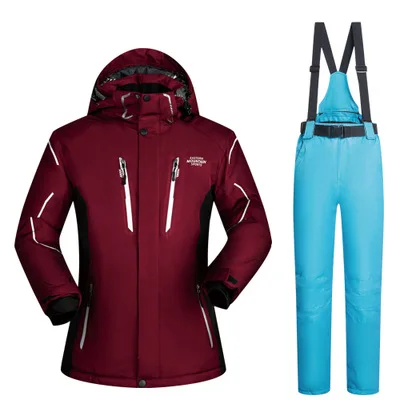 Лыжный костюм зимняя Мужская Утепленная теплая зимняя куртка и лыжные штаны ветрозащитная мужская одежда куртка для сноубординга большого размера m-xxxl - Цвет: Red and Sky Blue