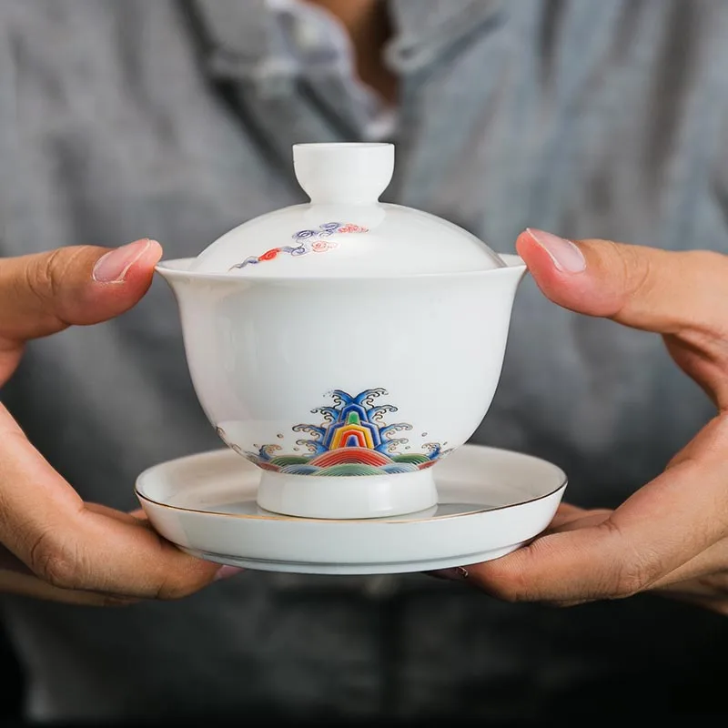 100 мл белая фарфоровая красочная чайная чаша Gaiwan с крышкой и блюдцем, набор чайных церемоний, посуда для напитков, чайная посуда, чайник, Декор, ремесла