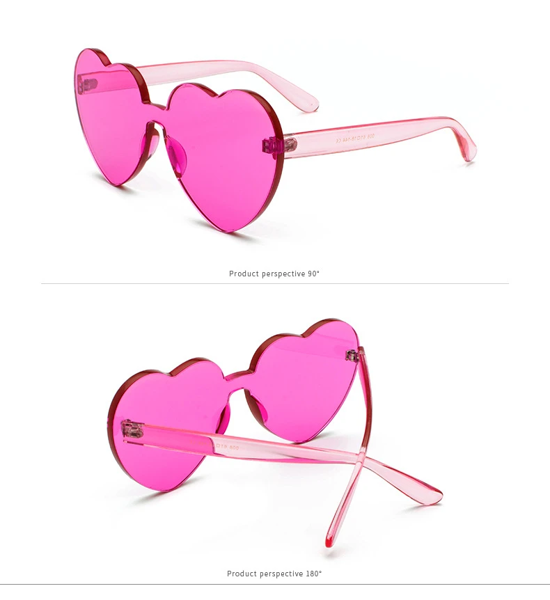 Женские солнцезащитные очки в форме сердца без оправы, цветные солнцезащитные очки с прозрачными линзами красного, розового и желтого цветов