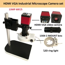 Digital HDMI VGA Industrial Microscope Camera video Microscope sets HD 13MP 60F/S+130X C mount lens+LED ring Light+metal stand