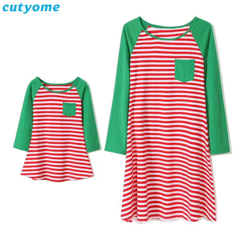 

Family Look Mother Daughter Christmas Striped Dress Matching Clothes Outfits Mom And Daughter Patchwork Long Sleeve Autumn Dress