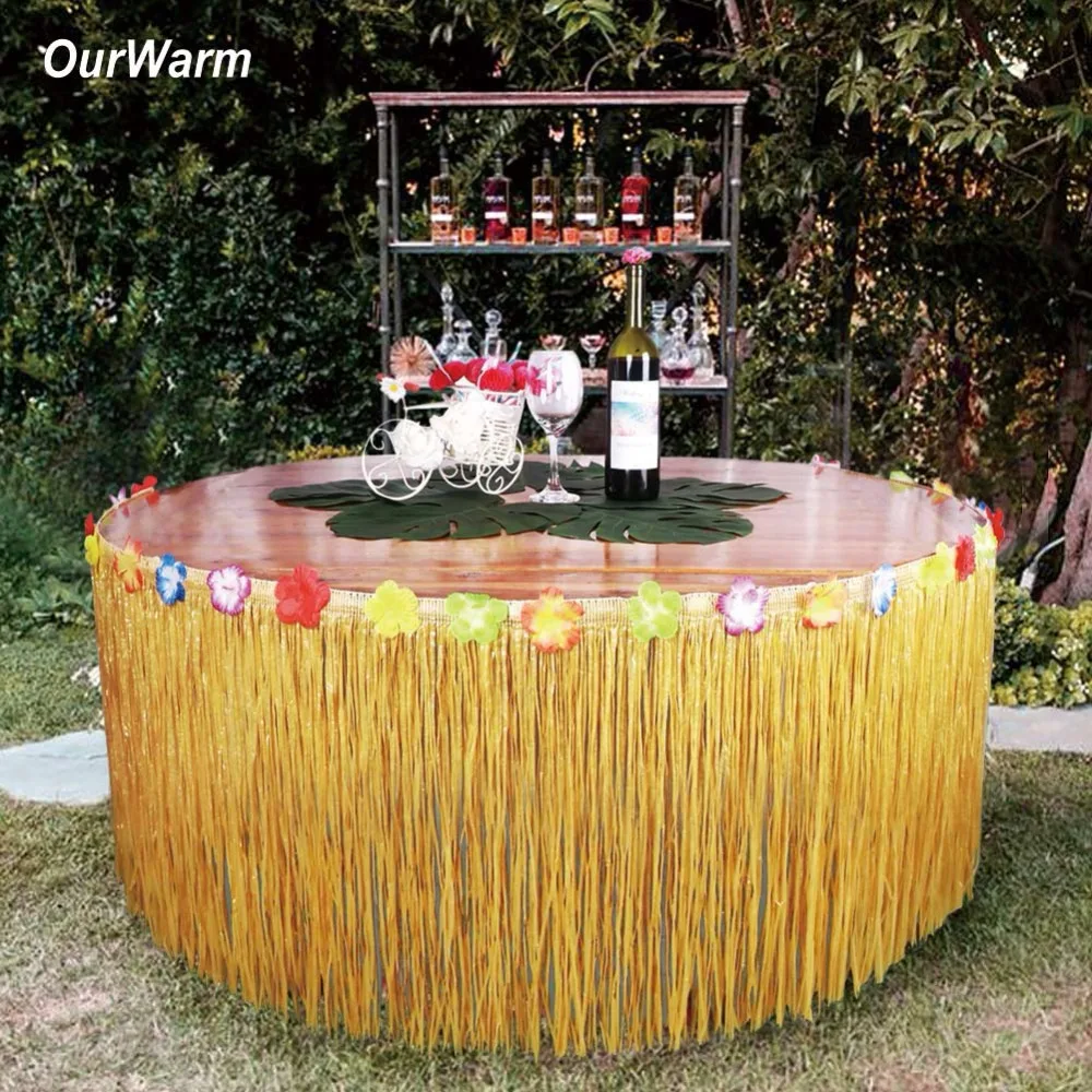 OurWarm Hawaiian Party Decorations Table Skirt 275*75cm Artificial Hibiscus Flower Grass Table
