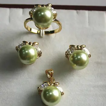 

fancy jewelry set 10mm green shell pearl,ring, pendant & stud earring