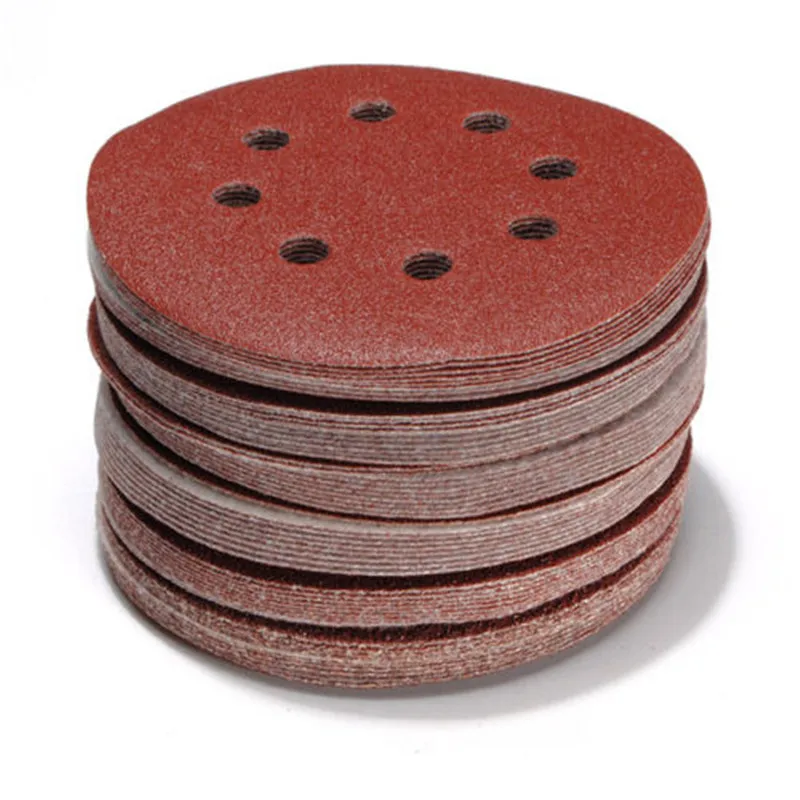 

100pcs 125mm Hook & Loop Abrasive Sand Paper 5 inch red Sanding Disc with 8 holes Grits 60~2000 available
