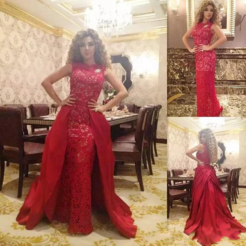 2019 Elegant Red Lace Sheath Prom Gowns Unique Detachable Train Long Evening Gown Sleeveless