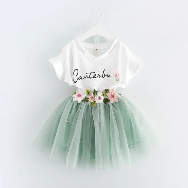 

Fashion Girls Tutu Sets Summer Toddle Girl Letters Printed Tops Blouses+Tulle Lace Skirts Layered Suits Children's Sets Flower