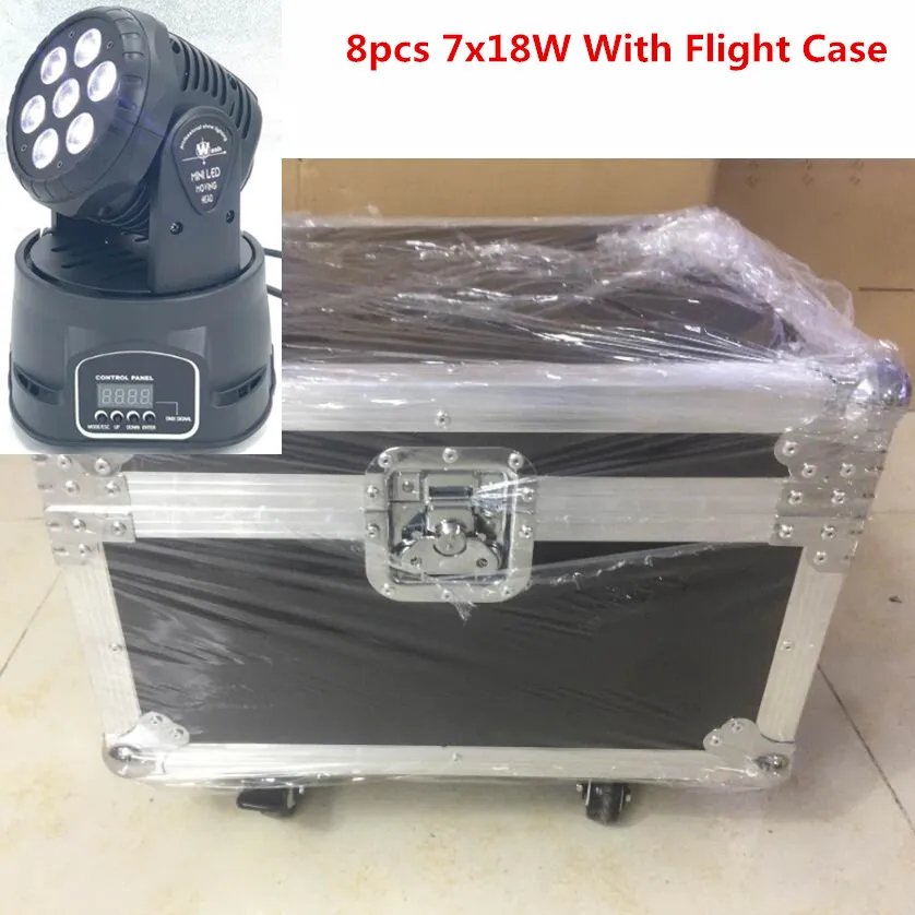 

8pcs/Lot 7x18W mini Moving head light With Flight Case dj equipment RGBWA +UV 6in1 led wash moving head