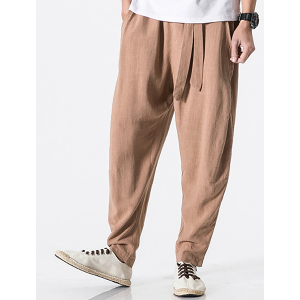 New Summer Cotton Linen Harem Pants Men Belt Jogger Pants Male Trousers Chinese Traditional Cloths Plus Size 5XL Calsa Masculina