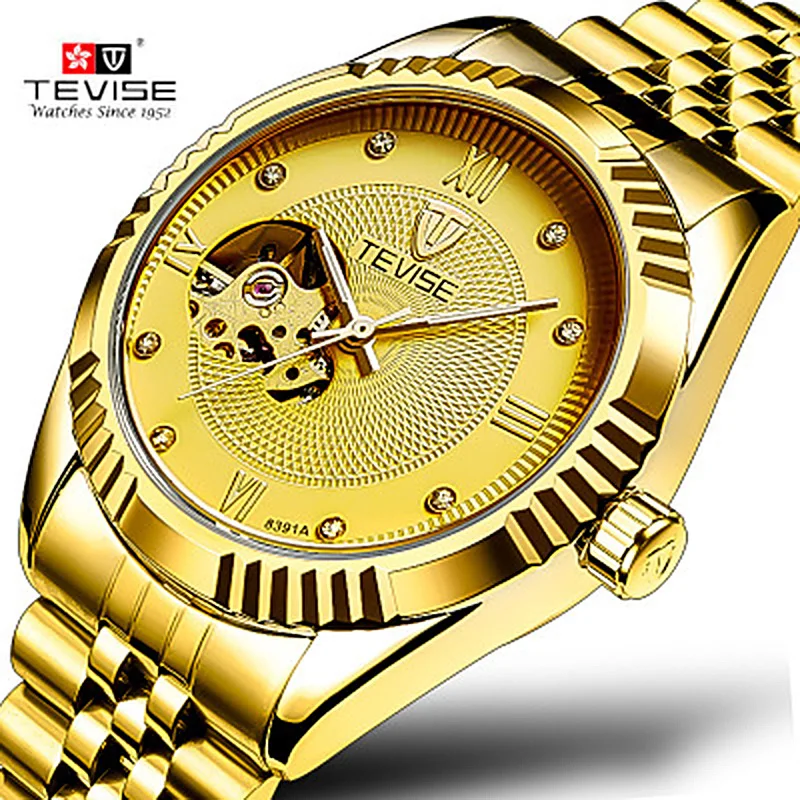 

Automatic Self-Wind Mechanical Watches TEVISE Men Business Full Steel and Leather Wristwatch Man Skeleton Automatico Clock 8391A