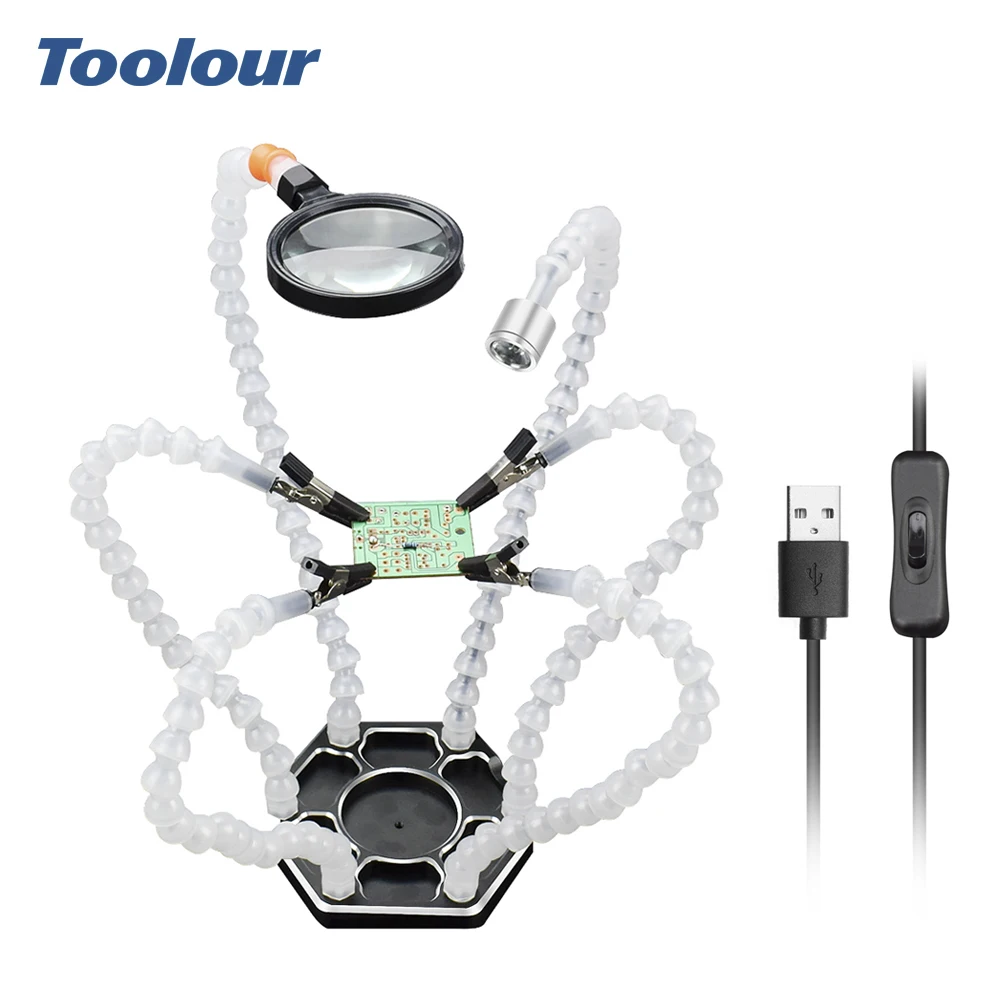 

Toolour Third Hand Soldering Stand Welding Tool 6 Flexible Arms USB LED Magnifier PCB Circuit Board Soldering Iron Holder