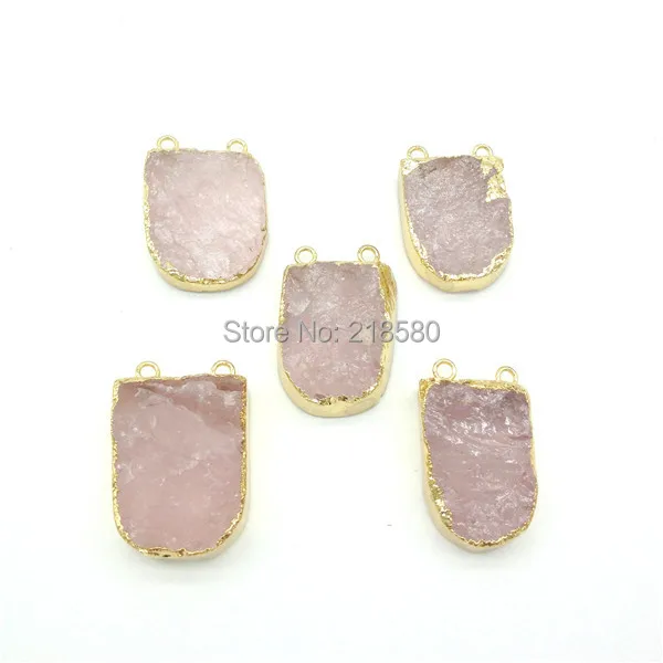 

P15042004 Rose Pink Quartz Pendants Pink shield Charms Edged in Gold Pendant