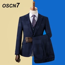 OSCN7 мужские костюмы в полоску на заказ, приталенный мужской костюм для свадебной вечеринки, модный костюм из 3 предметов, блейзер, брюки, жилет, ZM-598