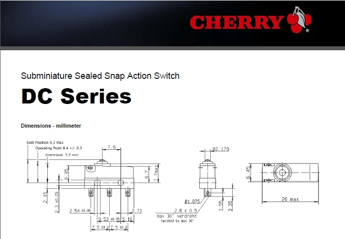 Вишневый ZF микро переключатель DB2 DC2 DB2C DC2C A1AA A1LA A1RB короткий/длинный/шкив/изогнутая ручка 10А 250 в водонепроницаемый и пылезащитный