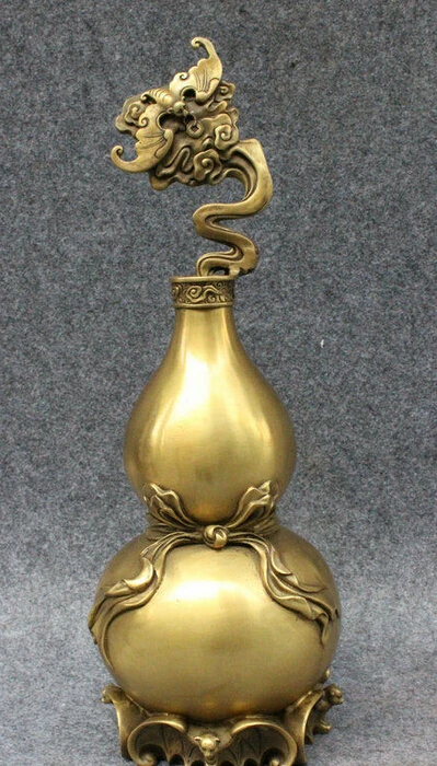 

15" Folk Chinese Decoration Brass Exorcise Expel Evil BAT Gourd Cucurbit Statue
