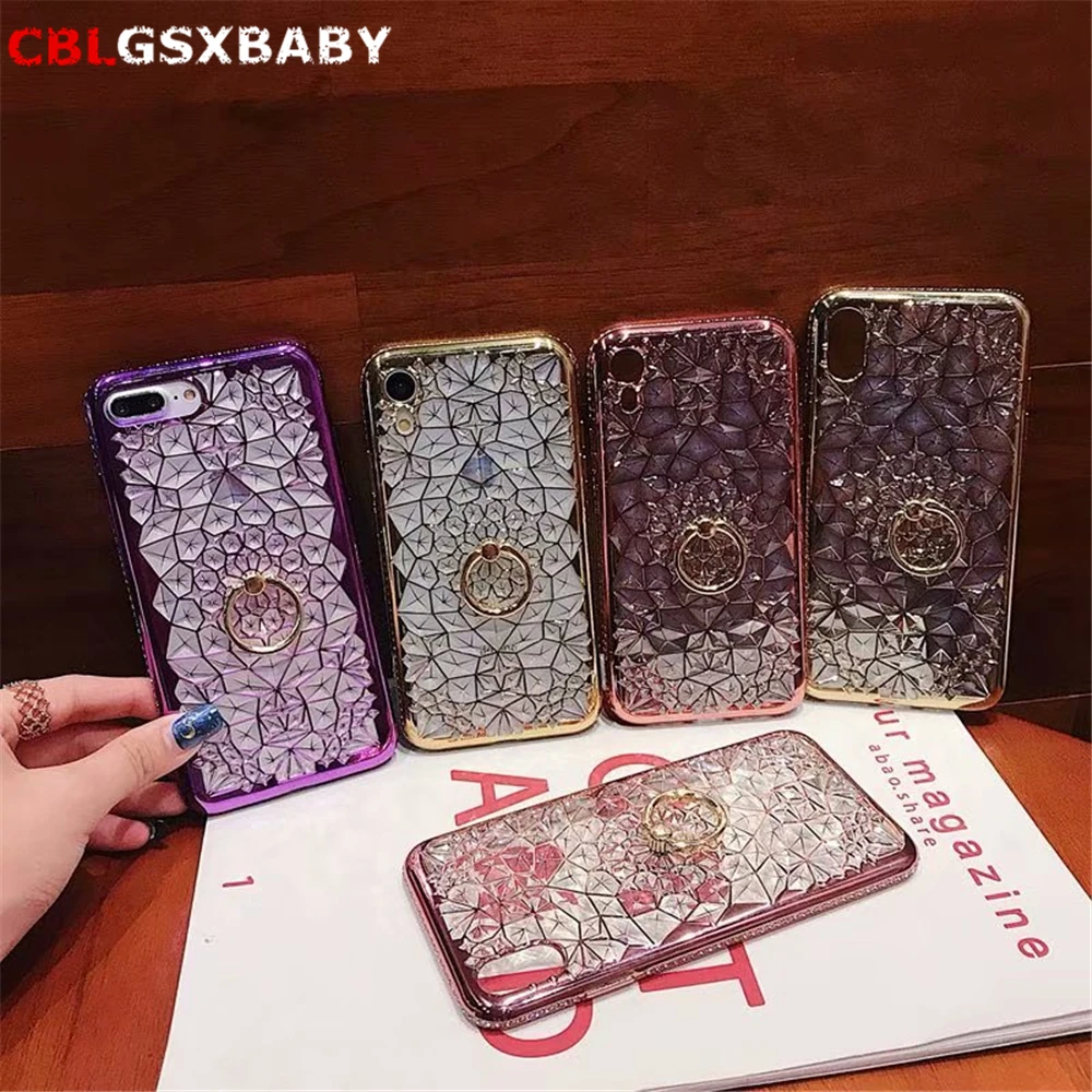 for iPhone Xs Max XR X Case Luxury 3D Soft Ring Capa 5 5S SE 6 S 8 7 Plus Silicon Glitter Rhinestone Stand Cover | Мобильные