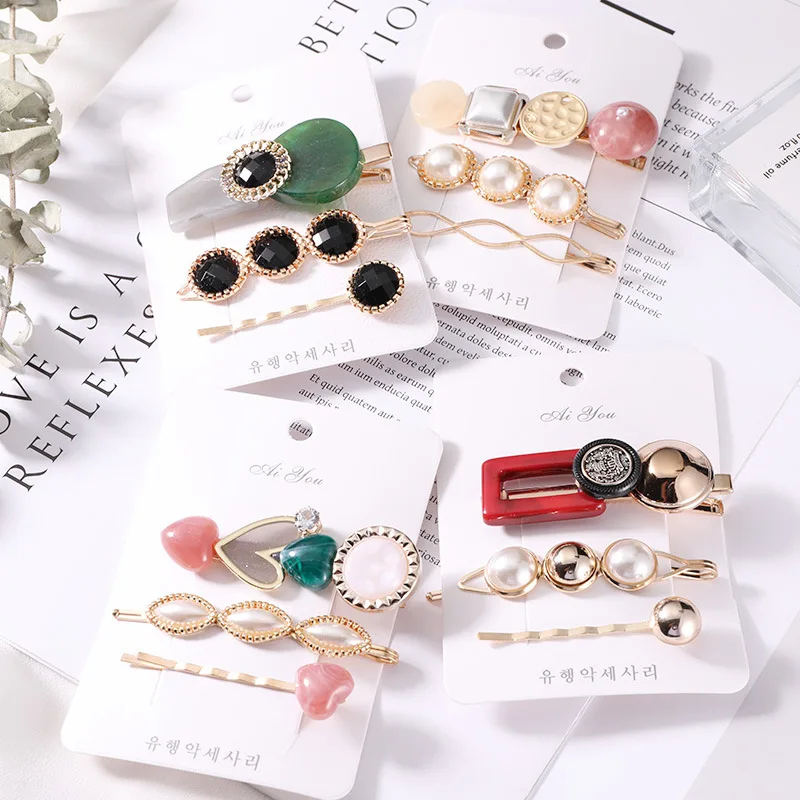 

2019 New Design Women Acetate Pearl Hairpins Elegant Girls Geometric Barrettes Hair Clips Headwear Hair Accessories 3Pcs/Set