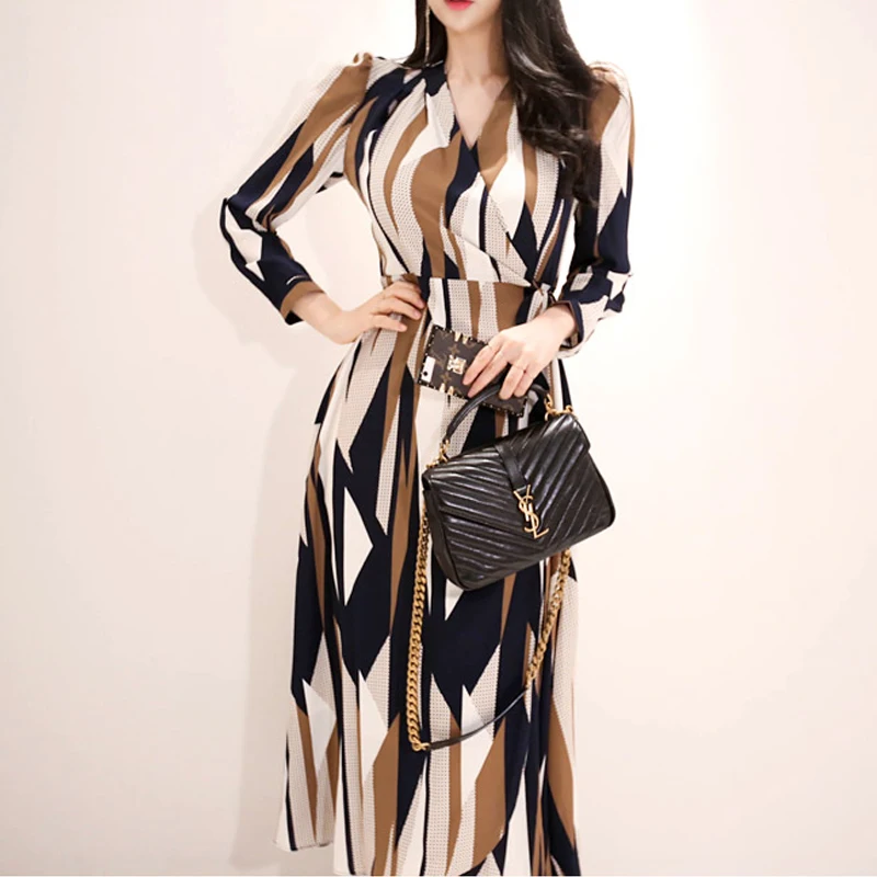 

Sexy Striped Print Dress Women 2019 Autumn Korean Style V-neck Bow Bandage Loose Dresses Vintage Long Swing Vestidos robe femme