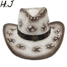 Fashion Men Western Cowboy Hat With Punk Band Handmade Weave Gentleman Beach Sun Sombrero Hat Size 58CM A0073