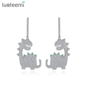 

LUOTEEMI Cute Dinosaur-shaped Stud Earrings for Women Party Luxury Design Creative CZ Stone Two Colors Pendientes Christmas Gift