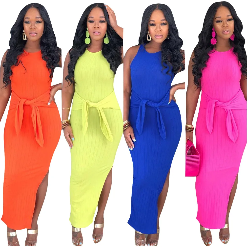 

Sleeveless Sexy Bodycon Dress Women Summer Party High Split Belt Long Dress Club Dresses