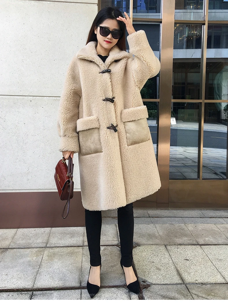 SY07 Fall winter women 30% real wool fur coat overcoat Horn buckle warm pocket sheep shearing girl fur coats lady long jacket