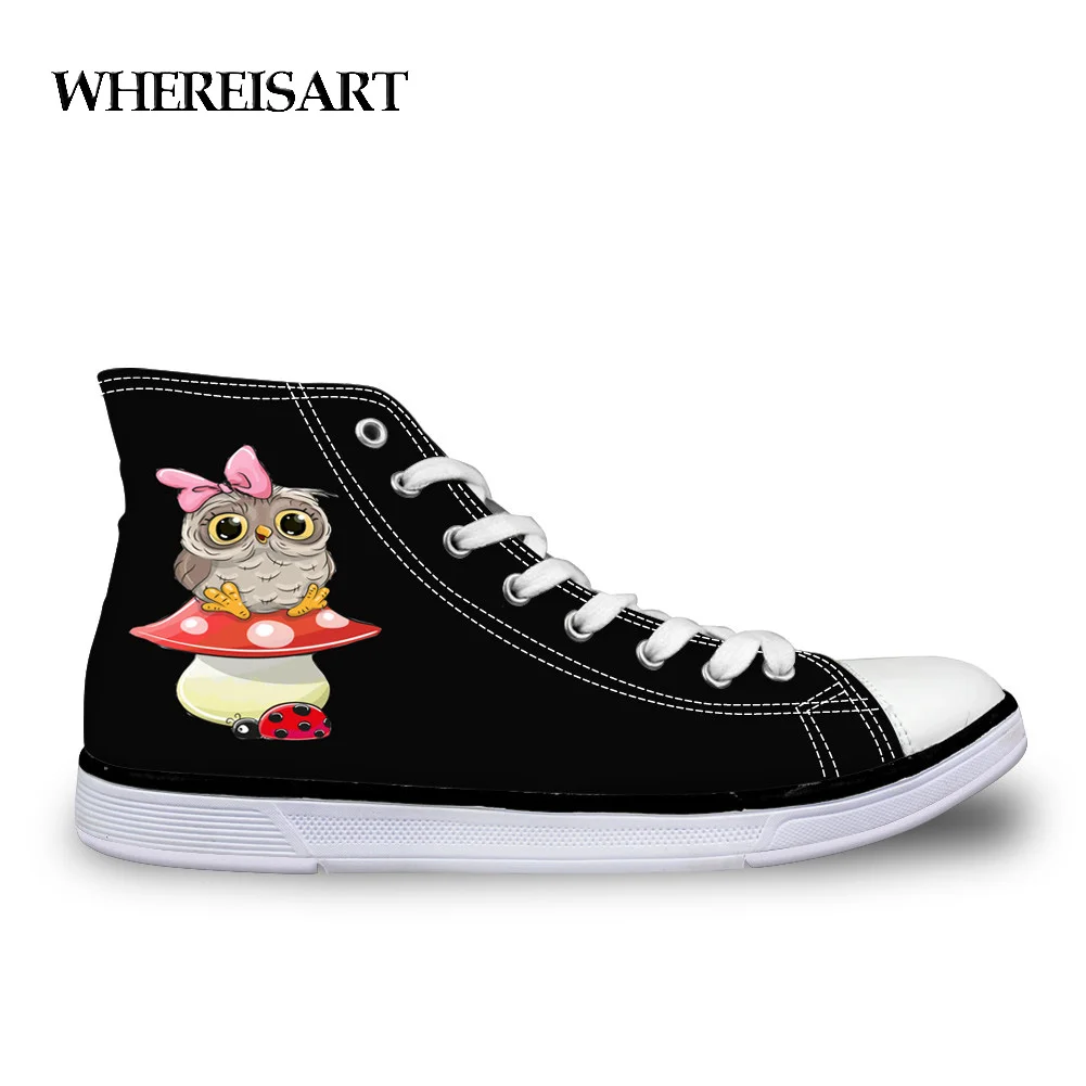 

WHEREISART 2019 Women Casual 3D Animal Owl Printed Canvas Shoes for Female Lace-up Flats Girl High Top Canvas Shoes Footwear