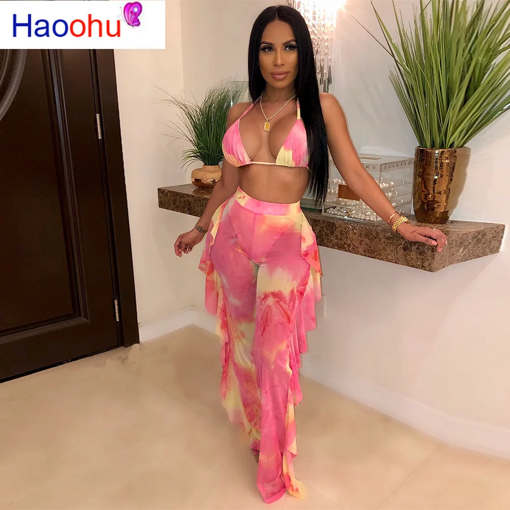 

HAOOHU Sexy Two Piece Set Mesh Crop Top and Ruffle Pants Matching Sets Summer Festival Clothing 2 Piece Club Outfits for Women