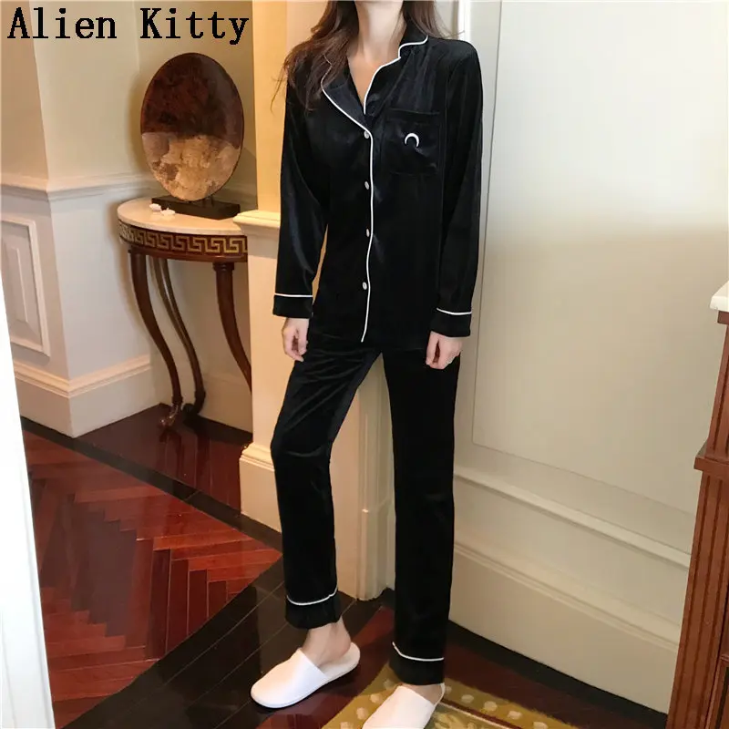 

Alien Kitty 2019 Autumn Vintage Female Embroidery Moon Sweet Pajamas Long Sleeves Fashion Sleepwear Loose Fresh Free Long Pants