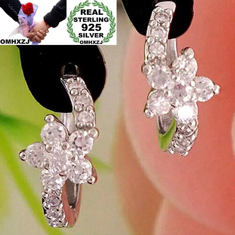 

OMHXZJ Wholesale Personality Fashion OL Woman Girl Party Wedding White Flower Zircon 925 Sterling Silver Hoop Earrings YE453