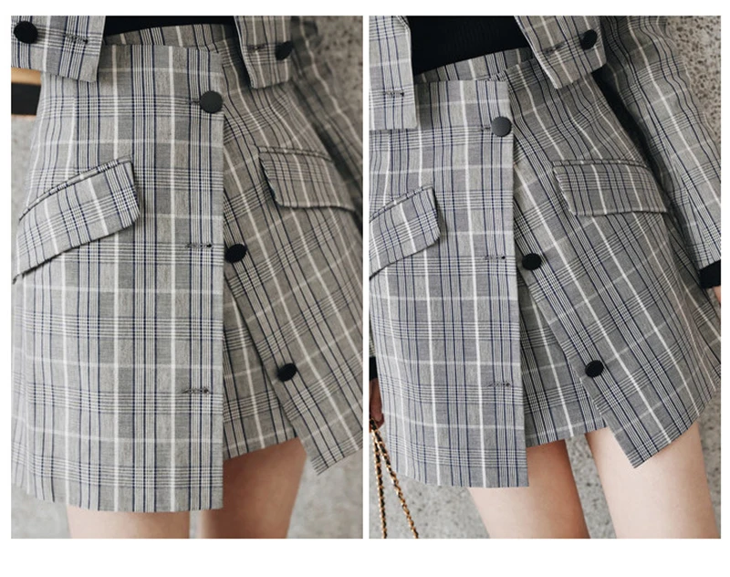 New 2018 Autumn Women Suit Female Korean Fashion Long-Sleeved Plaid Suit Jacket Female Two-Piece Stitching Ladies Skirt D8A225 (6)