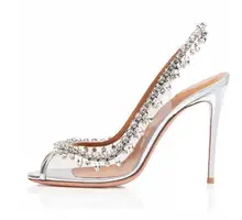 Women Dress Med Heels Wedding Shoes Bride PVC Peep toe Slingback High Heels Gorgeous Rhinestone Pumps Women Shoes Plus Size runway colorful rhinestone women pumps slingback round toe high heels crystal wedding shoes new summer sandals women