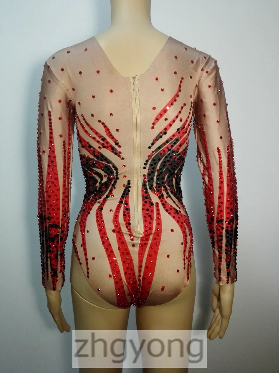 Full Diamond Female Leotard Bodysuit Red Black Crystals Long Sleeve Jumpsuit Nightclub Women Leading Dancer DJ DS Stage Costume cut out bodysuit