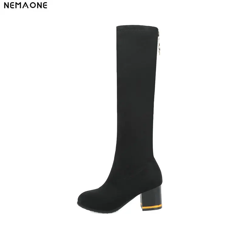 

New 6cm high square Heels black knee boots woman rouned toe ladies Boots party dress shoes woman large Size 43