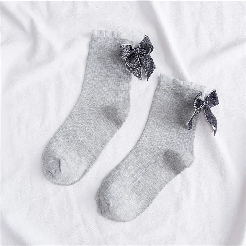 [WPLOIKJD] Милые шелковые носки с бантиком золотого и серебряного цвета, милые женские носки в стиле Харадзюку, корейские женские носки Skarpetki Calcetines