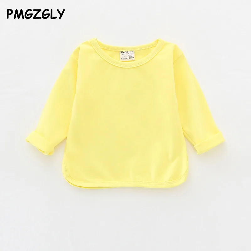Футболка для новорожденных, весна-осень, рубашка с длинными рукавами для девочек, детская одежда, топы для малышей, однотонные футболки с круглым вырезом - Цвет: Yellow T-Shirts