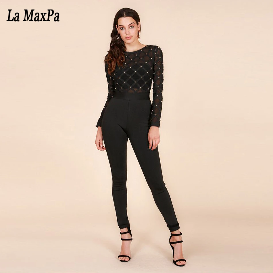 2017 Summer new women long sleeve o neck jumpsuits sexy bodycon Beaded