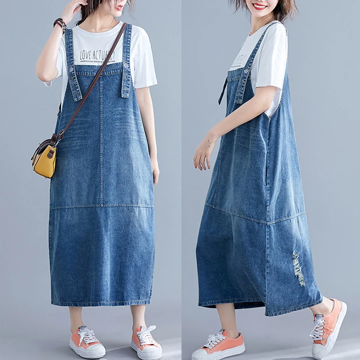 0406 Overalls Suspender Denim Dress Women Loose Plus Size Backless Spaghetti Strap Jeans Dress Female Vestidos Casual Summer