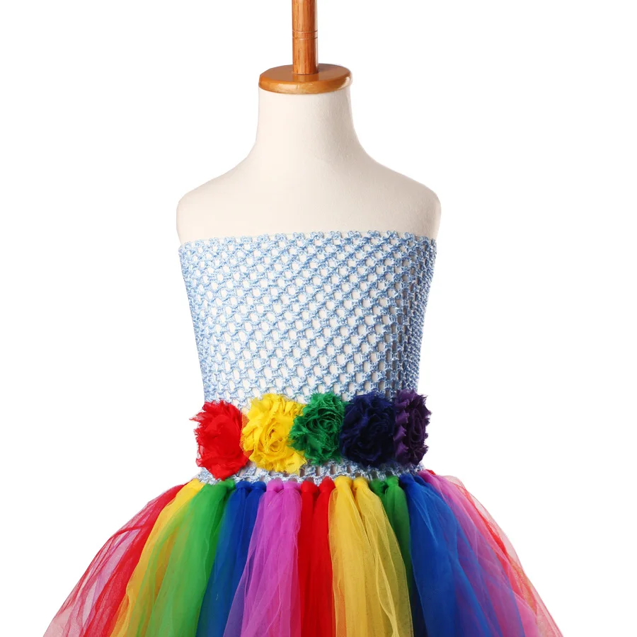 Shabby Flowers Girls Rainbow Tutu Dress Full Length Princess Tulle Dress Kids Birthday Party Ball Gowns Purim Xmas (5)