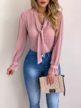 

Womens Fashion Long Sleeve Blouse Office Lady Chiffon OL Blouse Shirt Bow Tie Tops Formal Women Clothes Summer 2019
