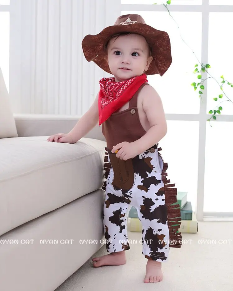 Одежда для малышей костюм для мальчиков ковбойский комплект для малышей из 3 предметов, шапка+ шарф+ детский комбинезон на Хэллоуин, одежда для дня рождения