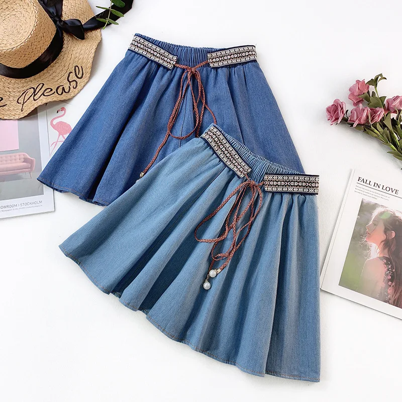 

New Spring Summer Pleated Jeans Skirts Womens Ethnic Elastic High Waist Mini Denim Skirt A-Line Embroidery Short Skirt for Girls
