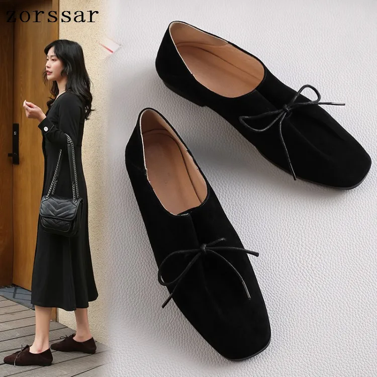 

2019 women Flat Square toe shoes Suede Leather ballet Flats Shoes Casual moccasins Slip On Shallow Soft Loafers Female Footwear