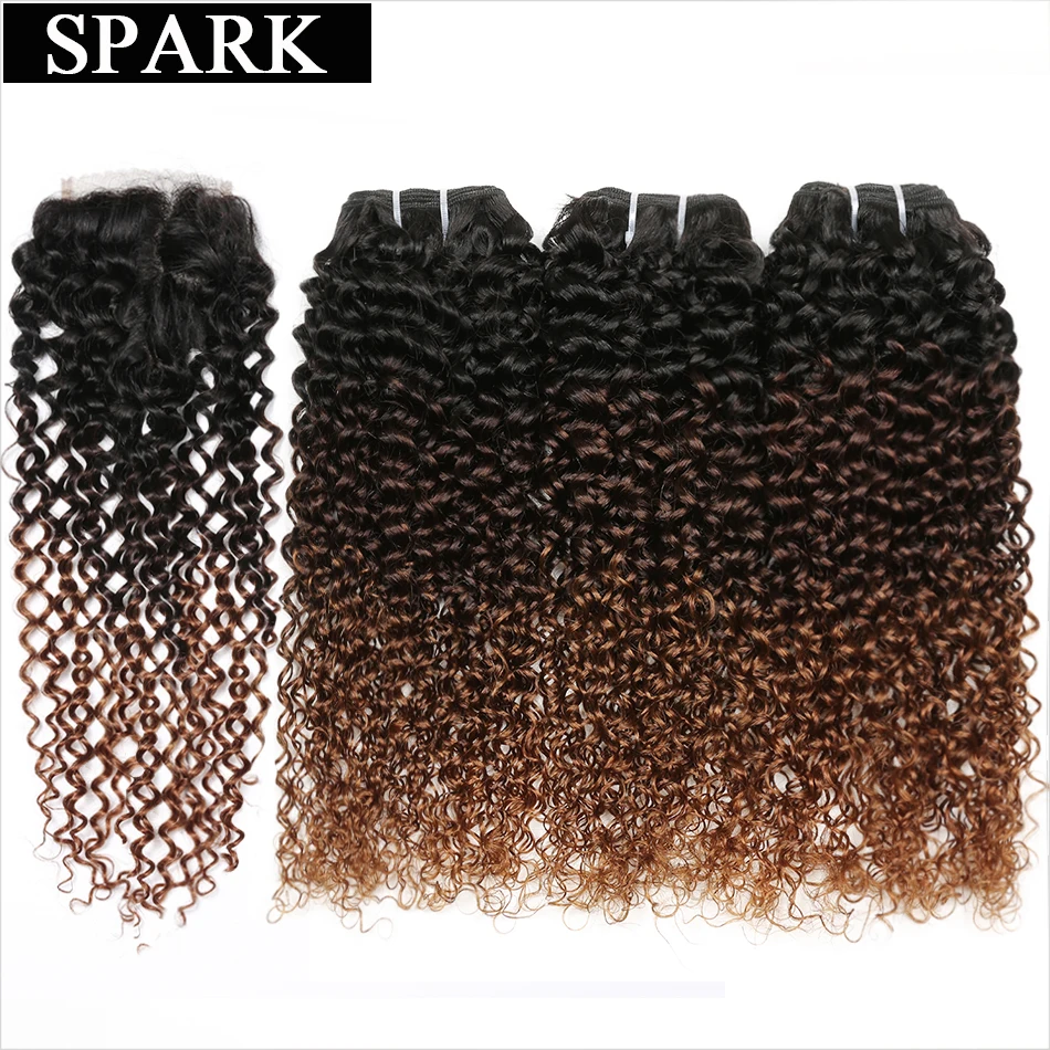 

Spark Brazilian Afro Kinky Curly Ombre Color Bundles with Closure With Baby Hair Can Make a Lace Front Wig Remy Human Hair 1B/30