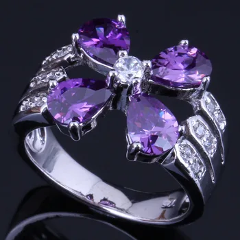 

Romantic Flower Purple Cubic Zirconia White CZ Silver Plated Ring V0430
