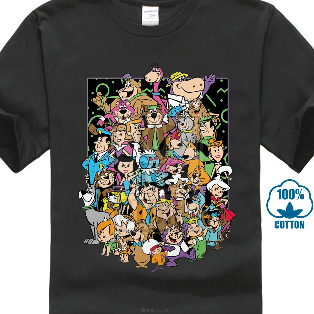 Забавная Мужская футболка женская футболка-Новинка Hanna Barbera Collage T Shirt - Цвет: Черный