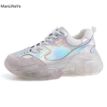 

2019 Transparent Thick Heel Laser Patent Leather Women Clunky Sneakers Lace-up Mesh Female Trainers Breathable Woman Sport Shoes
