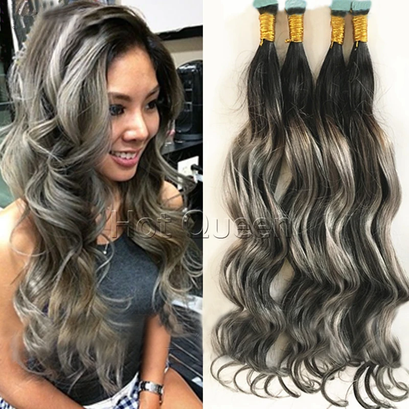Skin Weft Hair P1b Grey Balayage Hair Extensions Full Head